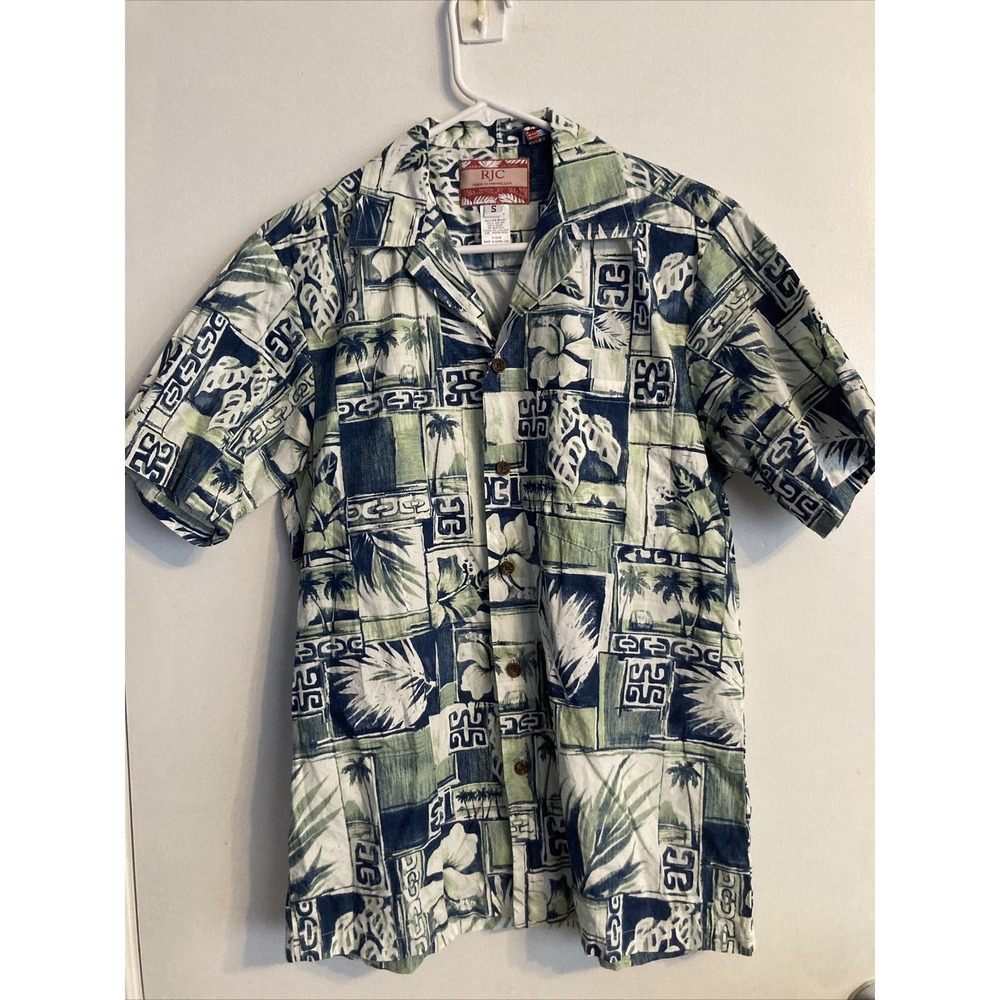 RJC Shirt Men's Small Green Hawaiian Floral Tropical Vintage USA #1836